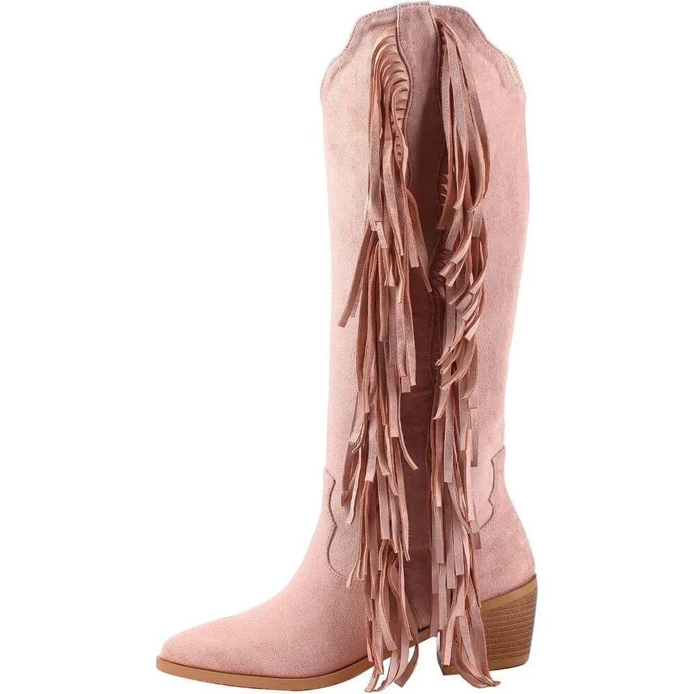 Women Pink Synthetic Fringe Tassels Pointed Toe Knee High Western Cowgirl Boots
